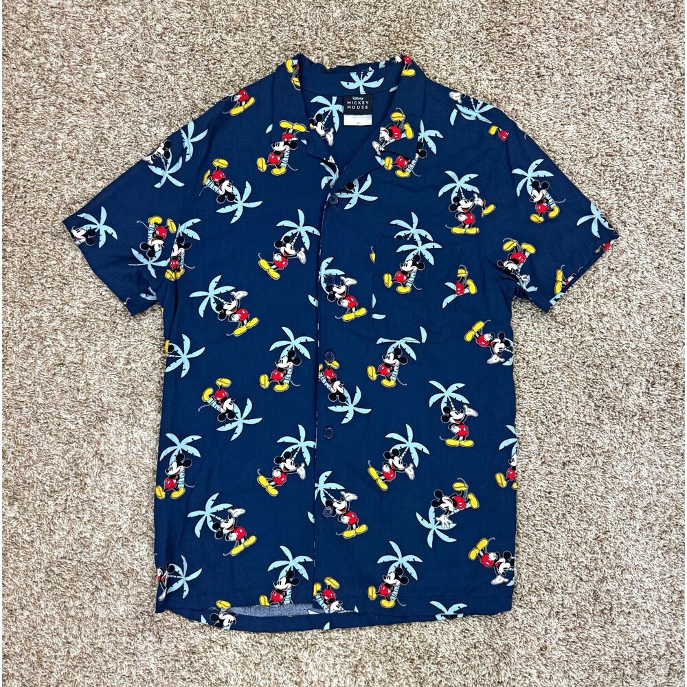 Disney Mickey Mouse Camp Shirt Mens M Navy Palm Tree Rayon Hawaiian Button Up